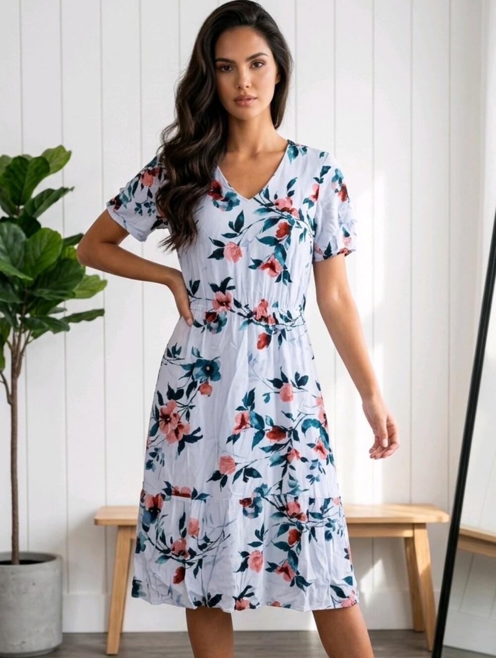 J.Jill Petite XSP Blue Floral Rayon Midi Dress Ruffle Hem V Neck Cottagecore